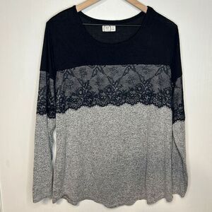 24/7 Elegant Lace Panel Long Sleeve Top Black Gray Colorblock XL | A28